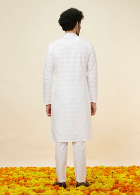 alt message - Manyavar Men Bright White Self Striped Classic Kurta Set image number 6